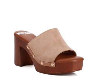 RAG & CO: Cartera Suede High Block Heel Mules