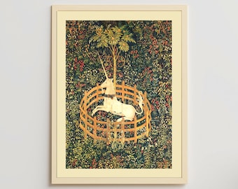 庭で休むユニコーンの印刷可能なアート、捕らわれたユニコーンの