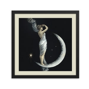 Vintage Mond Hexe gerahmt Kunstdruck, Retro Mond Mädchen gerahmt Poster, antike Halbmond und Frau - bereit hängen Wandkunst
