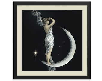 Vintage Moon Witch Framed Art Print, Retro Moon Girl Framed Poster, Antique Crescent Moon and Woman- Ready do Hang Wall Art
