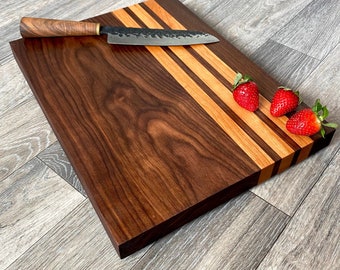 Black Walnut and Cherry Chopping Board - Thick Black Walnut Chopping Board with American Cherry Inlays - Bevelled Base Wooden cutting board
