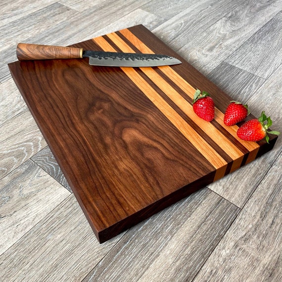 Black Walnut and Cherry Chopping Board Thick Black Walnut Chopping Board  With American Cherry Inlays Bevelled Base Wooden Cutting Board -   Finland