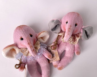 Handmade Plush Pink Elephant, Miniature Teddy Toy (6.5 inches)
