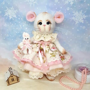 White Mouse, Cute Plush Art Soft, Handmade Stuffed Toy, White Rat Doll Girl in Dress, Gift for Girl, Mom