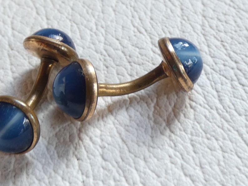 Vintage 1970s Montana Blue Glass Large Round Goldtone Cufflinks #G 