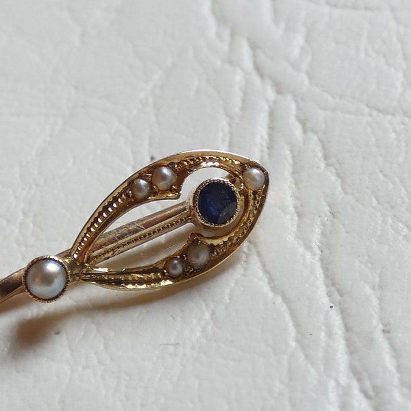 Antique 15ct Yellow Gold Sapphire Real Pearl Stick Pin Cravat Pin