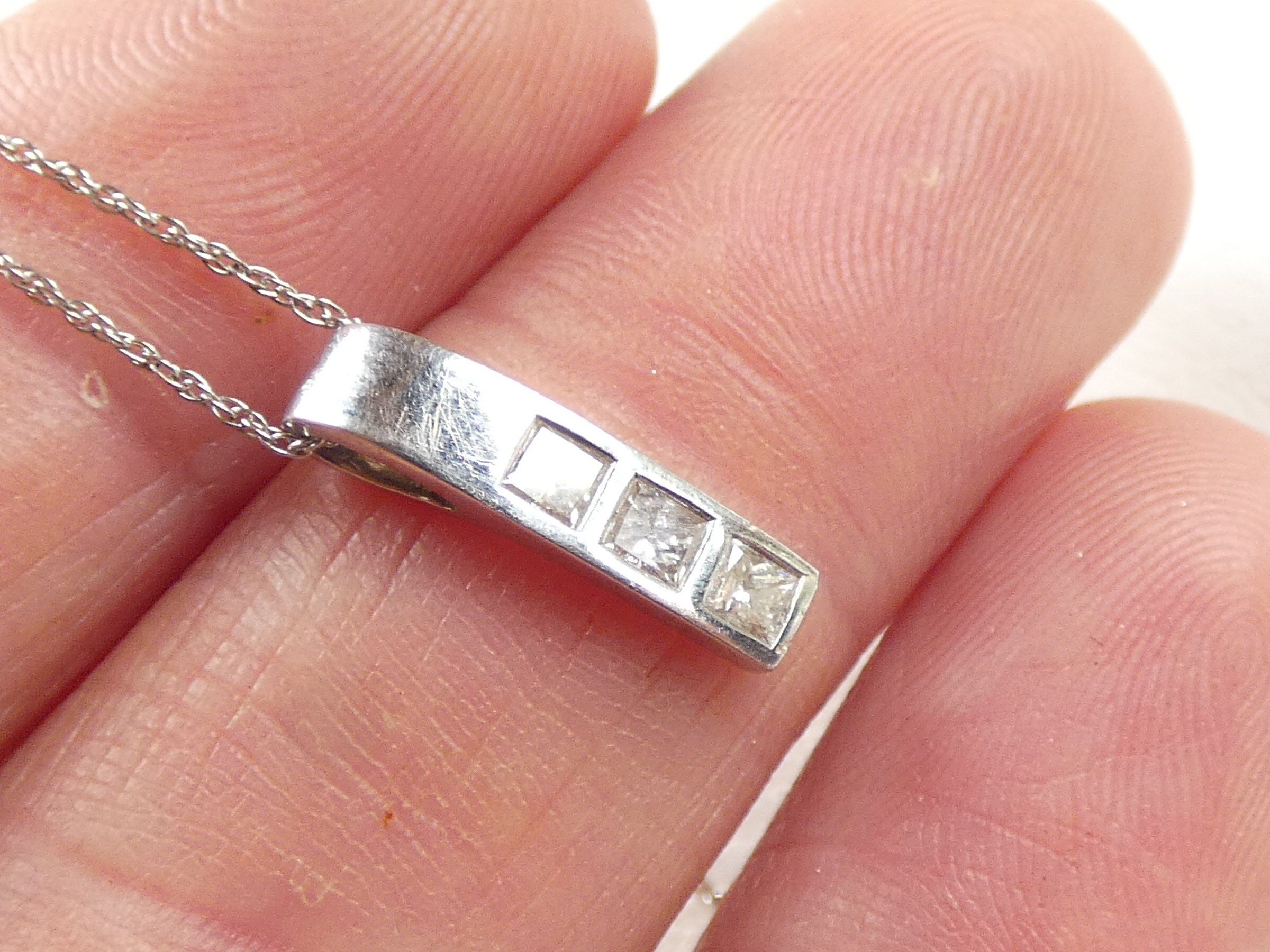 9ct White Gold Triple Link Necklace Chain Diamond Pendant Etsy