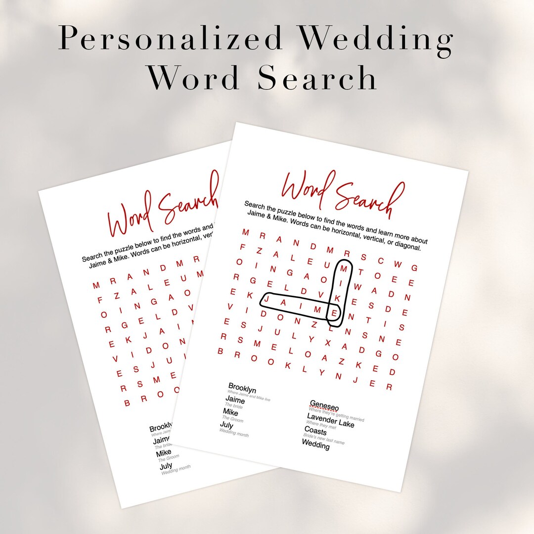 Personalized Wedding Word Search With Couple's Name, Custom Bridal ...