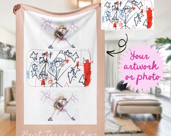 Custom teacher blanket gift kid's drawing: thank you banner with pictures, best teacher ever