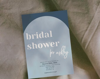 dusty blue bridal shower invitation arch, printable bridal shower invite canva, modern minimalist light blue bridal shower invitations