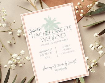 tropical bachelorette party invitations beach, palm tree bachelorette invite template miami bachelorette invitation ocean tulum bachelorette