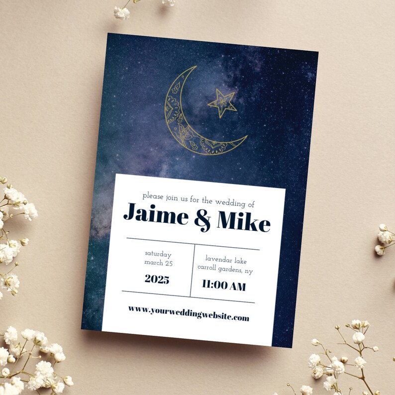 moon and stars wedding invitation navy blue starry night invite under the stars wedding evening wedding invites celestial