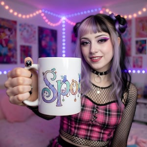 SPOOPofficial - Kawaii Anthro E-Girl koffiemok | Alt-Art keramische beker met pastelkleurige lepel