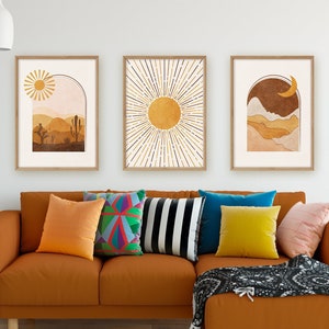 Boho wall art set of 3 prints Boho landscape Boho wall decor Mid century modern Sun desert poster Minimalist printable poster Moon print