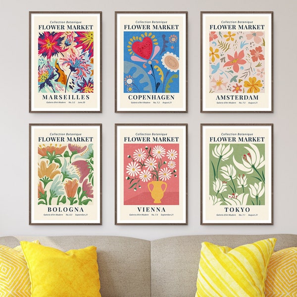 Flower Market Print Set of 6 Wall Art Spring Flowers Floral Art Printable Botanical Gallery Museum Exhibition Poster Flower Market Poster