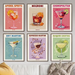 Conjunto de 6 estampas de coquetéis. Coquetel clássico com álcool. Pôster retrô de exposição. Decoração para carrinho de bar, Espresso, Martini, Aperol, Negroni, Cosmopolitan.
