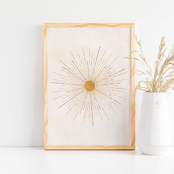 Boho wall art print Boho wall decor Mid century modern Sunburst illustration Sun poster Minimalist printable poster Boho sunrise art Sunset