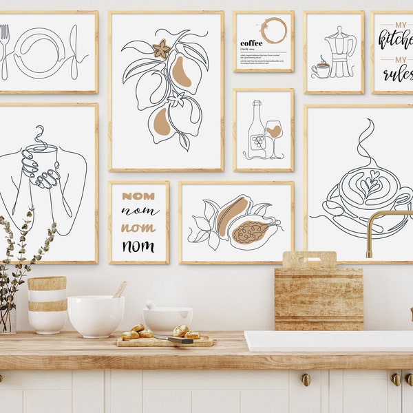 Kitchen Print Set of 10 Gallery One Line Drawing Art Printable Housewarming Gift Coffee Woman Poster Dining Room Wall Decor Digital Download