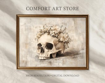 Halloween Skull and Flower Print Vintage Halloween Skull Print Gothic Printable Skull Sketch Wall Art Victorian Decor Dark Academia Painting