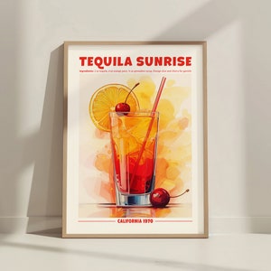 Tequila Sunrise Cocktail Print. Classic Alcohol Cocktail. Retro Cocktail. Exhibition Poster. Home Bar Cart Decor. Recipe Mixology Printable