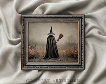 Halloween PRINTABLE Wall Art Vintage Witch Broomstick Print Moody Gothic Spooky Decor Witchy Painting Dark Academia Rustic Digital Download