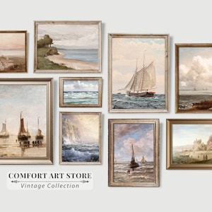 Vintage Wall Art Print Set of 9 Seascape Oil Painting Farmhouse Scenery Rustic Decor Antique Printable Marine Ship Landscape Nautical Poster