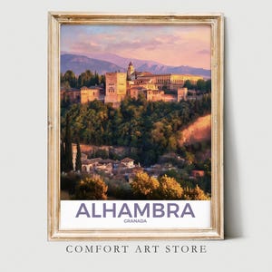 Stampa artistica vintage di paesaggio urbano, stampa neutra di Alhambra, poster di viaggio di Granada, dipinto retrò, decorazione da fattoria, primavera, rustico, stampabile
