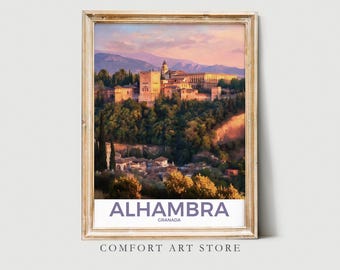 Arte mural de ciudad vintage, impresión de paisaje urbano, escena neutra de la Alhambra, póster de viaje de Granada, pintura retro, decoración de granja, primavera rústica imprimible