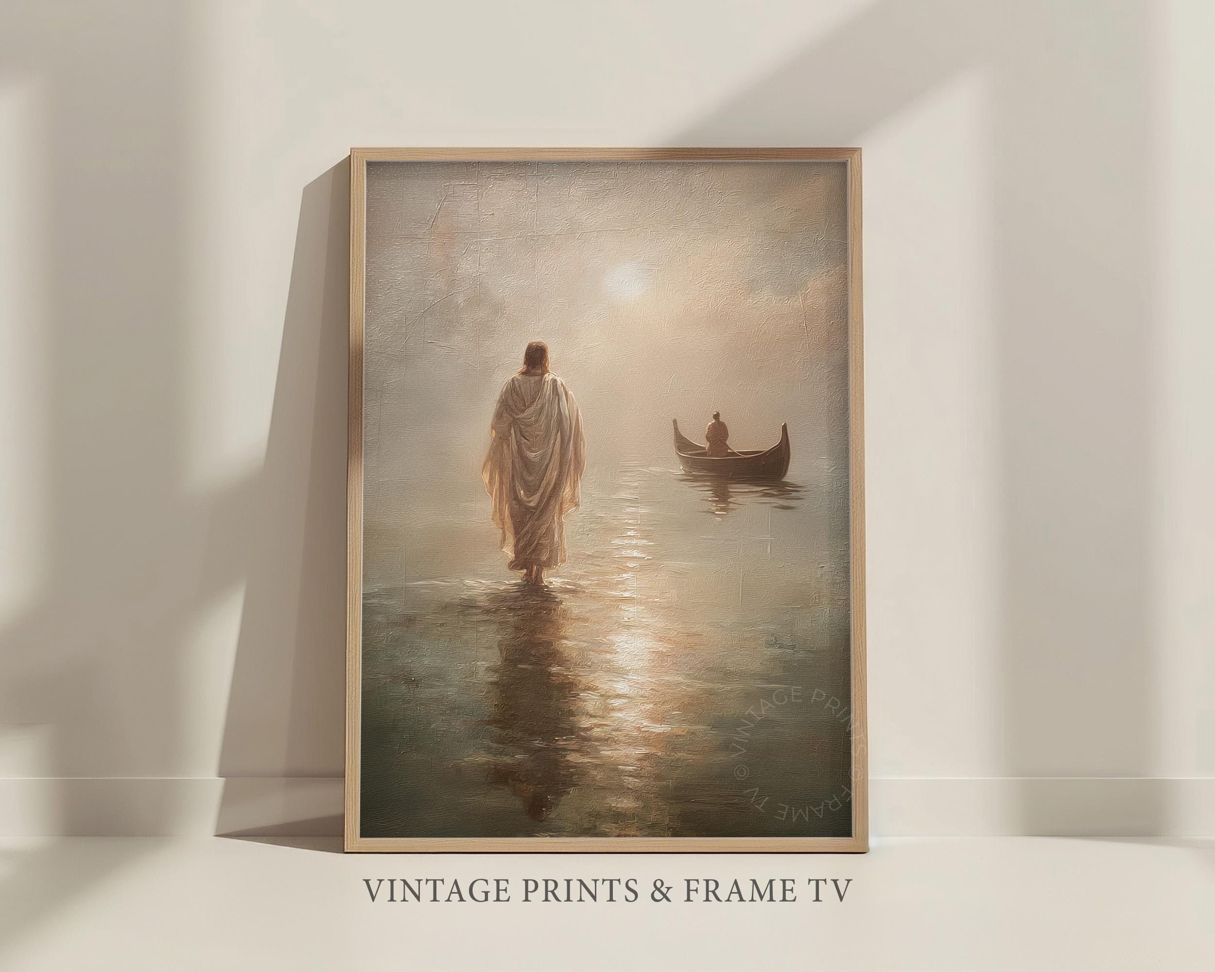 Easter Jesus Walking on Water Wall Art, Vintage Oil Painting Style ...