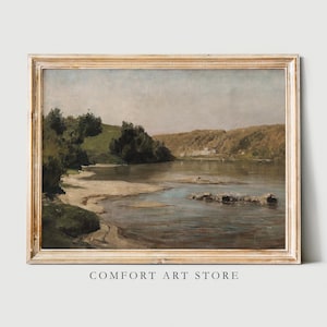 Vintage River Landscape Print Tree Landscape Painting Farmhouse Decor Moody Summer River Rustic Wall Art Vintage Printable Muted Neutral Art