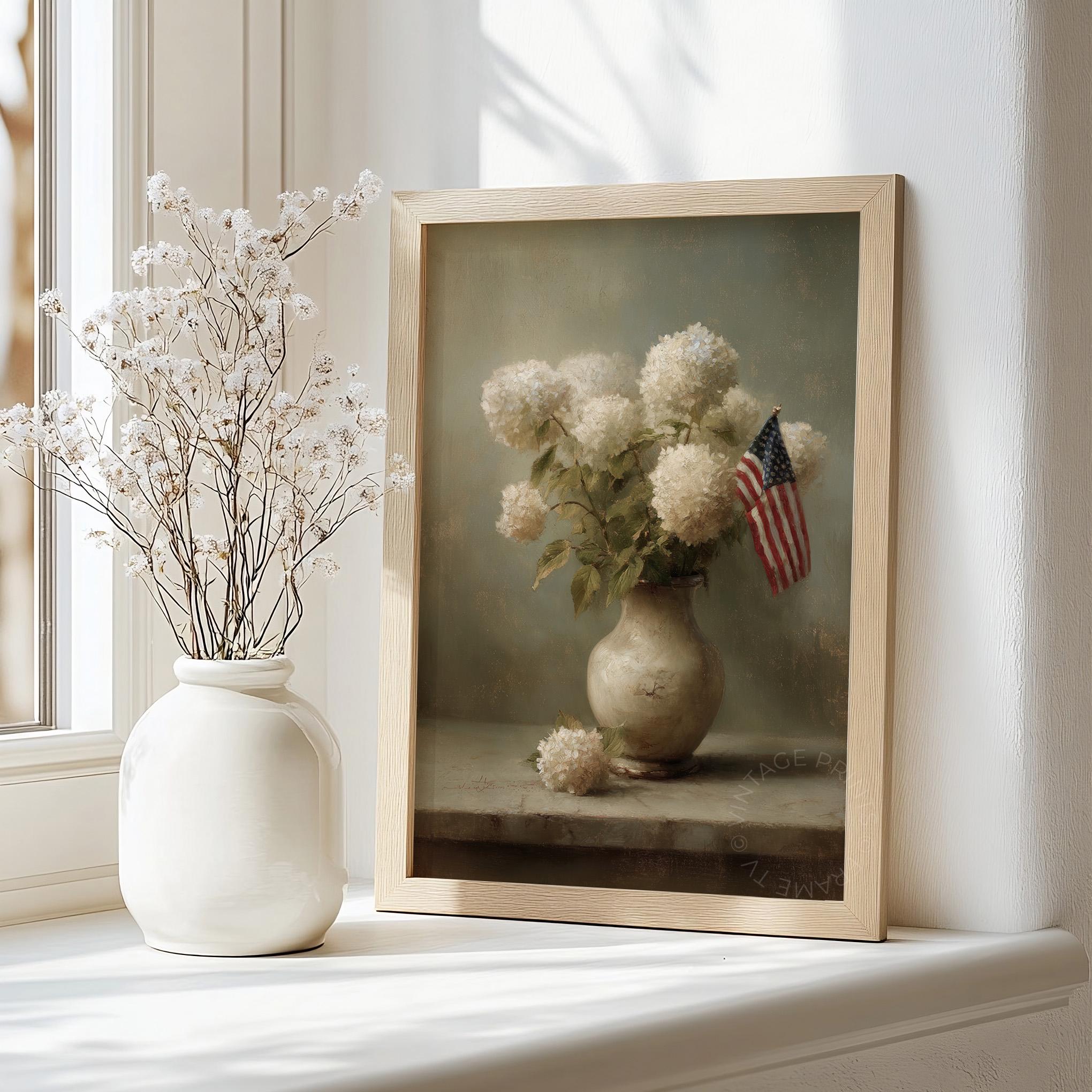 Independence Day Patriotic Hydrangea Still Life Wall Art, Vintage