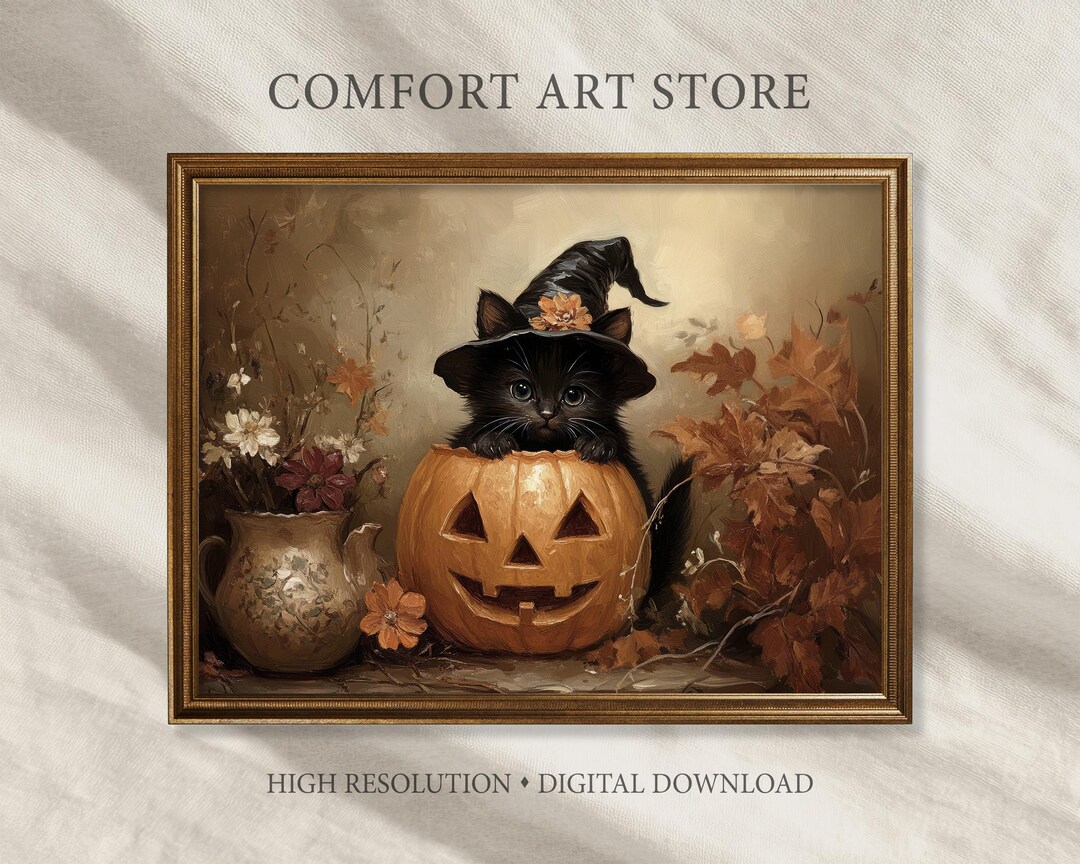 Halloween Printable Wall Art Cat in Jack O Lantern Print Halloween Cute ...