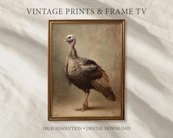Vintage turkey painting printable, antique bird portrait wall art, neutral farmhouse kitchen decor, Thanksgiving bird illustration