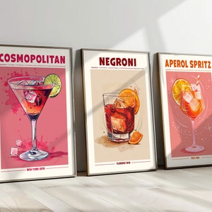 Cocktail Print Set of 3 Classic Alcohol Cocktail Retro Exhibition Poster. Home Bar Cart Decor Aperol Negroni Cosmopolitan Cocktail Printable