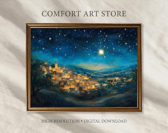 May include: A framed digital art print of a nighttime cityscape. The artwork depicts a town with illuminated buildings under a starry sky. The text "COMFORT ART STORE" and "HIGH RESOLUTION • DIGITAL DOWNLOAD" are visible.