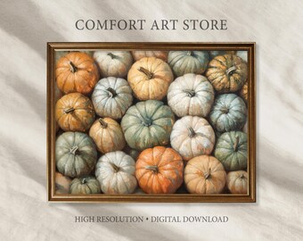 Puede incluir: Impresión enmarcada que presenta una colección de calabazas en varios colores, incluyendo naranja, verde y blanco. Las calabazas están dispuestas juntas, creando una composición densa. El texto "COMFORT ART STORE" y "HIGH RESOLUTION • DIGITAL DOWNLOAD" es visible.