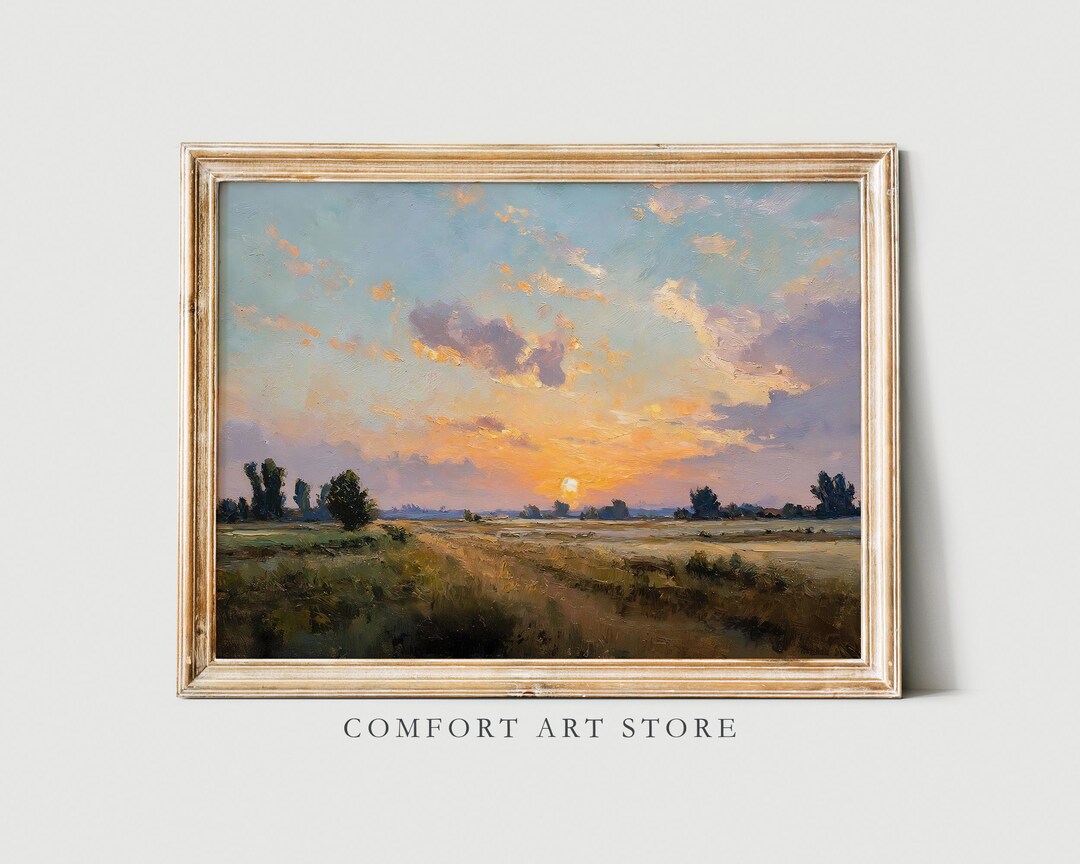Vintage Autumn Landscape Print Sunset Oil Painting Farmhouse Decor Fall ...