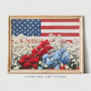 Independence Day Print 4th of July Printable Vintage American Flag Patriotic Flag USA Flag Flower Farmhouse Decor Painting Digital Download
