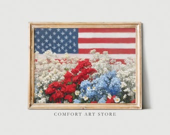 Independence Day Print 4th of July Printable Vintage American Flag Patriotic Flag USA Flag Flower Farmhouse Decor Painting Digital Download
