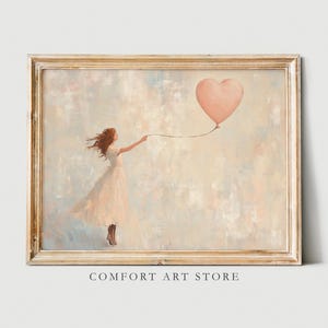 Impresión del día de San Valentín, globo de corazón rosa, arte de pared, pintura antigua vintage de San Valentín, mujer romántica, globo de San Valentín, decoración del hogar imprimible