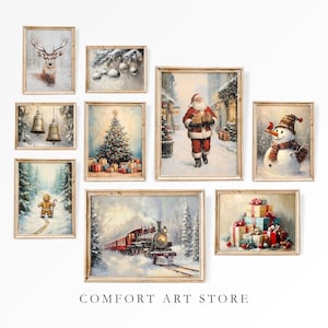 Christmas Wall Art Set of 9, Vintage Winter Prints, Printable Christmas Gallery Set, Holiday Decor Bundle Rustic Christmas Painting Wall Set
