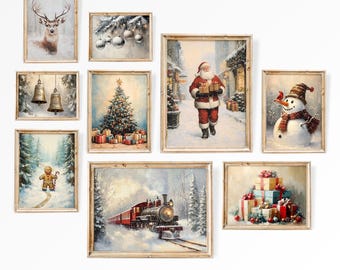 Christmas Wall Art Set of 9, Vintage Winter Prints, Printable Christmas Gallery Set, Holiday Decor Bundle Rustic Christmas Painting Wall Set