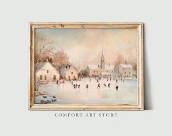 Christmas Wall Art Vintage Holiday Decor Ice Skating Winter Landscape Frozen Lake Neutral Rustic Antique Print Cottagecore Christmas Lake