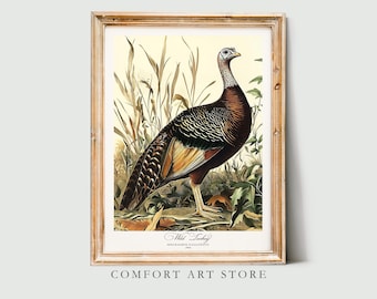 Audubon Style Bird Print. Wild Turkey Poster Bird of America Bird Lover Gift Vintage Audubon Retro Wall Art Wild Turkey Printable Home Decor