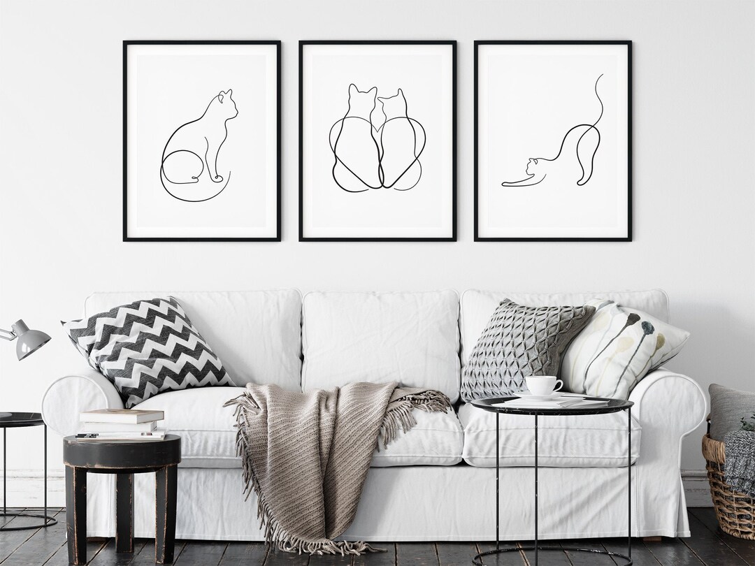 Cat Wall Art Set of 3 Print Cat Gallery Print Set Cat One Line Minimal ...
