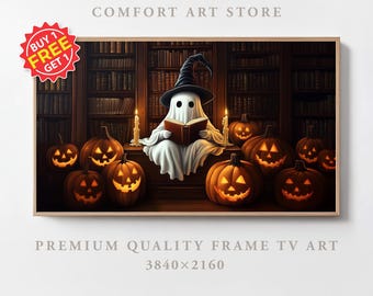May include: A framed Halloween-themed artwork featuring a ghost wearing a witch hat and reading a book, surrounded by lit jack-o'-lanterns. The background shows a library with bookshelves. The text "COMFORT ART STORE" and "PREMIUM QUALITY FRAME TV ART" are visible.