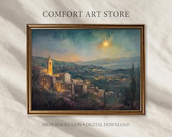 May include: A framed landscape painting depicts a village scene under a starry sky. The artwork features a warm color palette with a prominent golden star. The text "COMFORT ART STORE" and "HIGH RESOLUTION • DIGITAL DOWNLOAD" are visible.