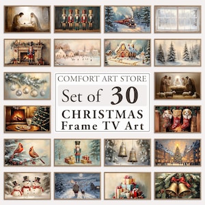 Può includere: Una collezione di 30 stampe artistiche per TV incorniciate a tema natalizio. Le stampe presentano varie scene festive, tra cui scene della natività, schiaccianoci, paesaggi innevati e decorazioni festive.