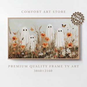 Può includere: Stampa incorniciata con quattro figure di fantasmi bianchi con occhi neri, ambientata in un campo di papaveri arancioni, farfalle ed erba alta. Il testo "COMFORT ART STORE" e "PREMIUM QUALITY FRAME TV ART" è visualizzato.
