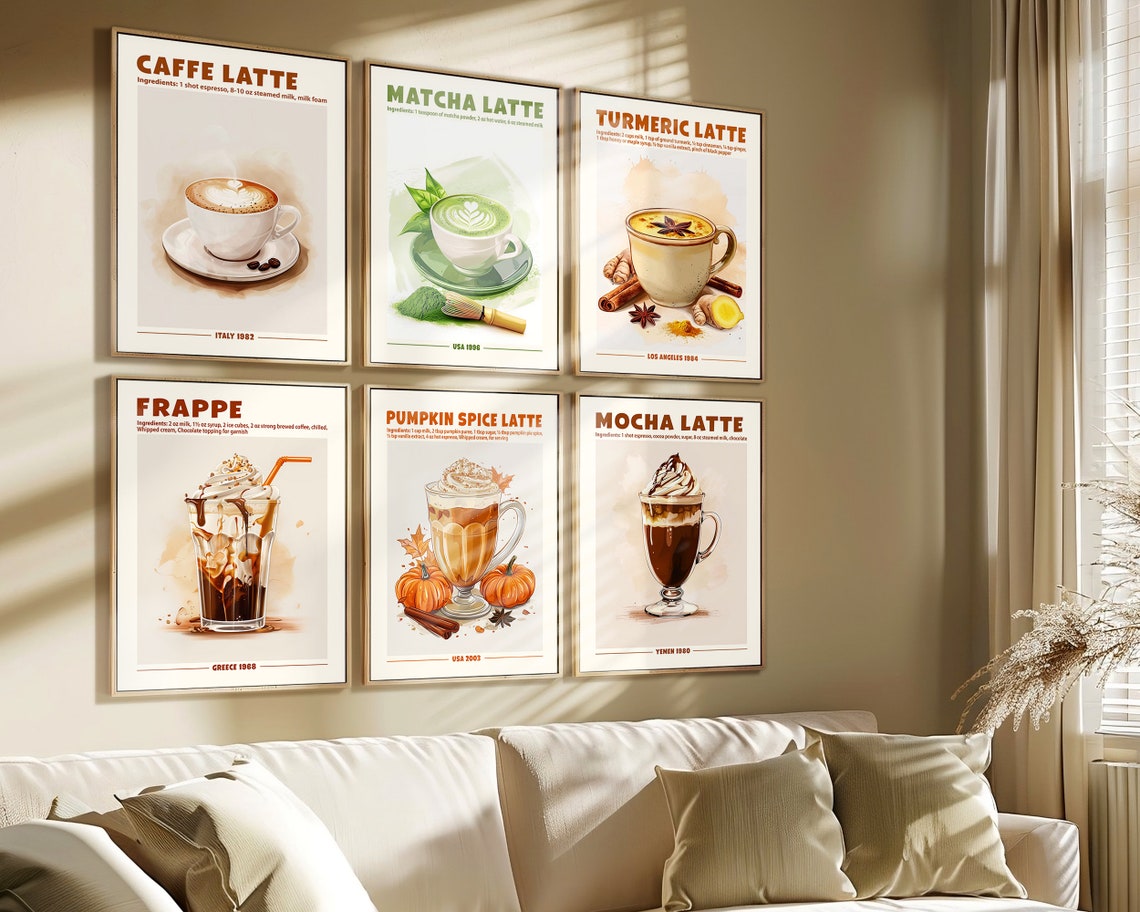 set of 6 kitchen prints coffee print set kitchen art... Coffee Print Set of 6 Retro Poster Caffe Latte Matcha Turmeric Frappe ...